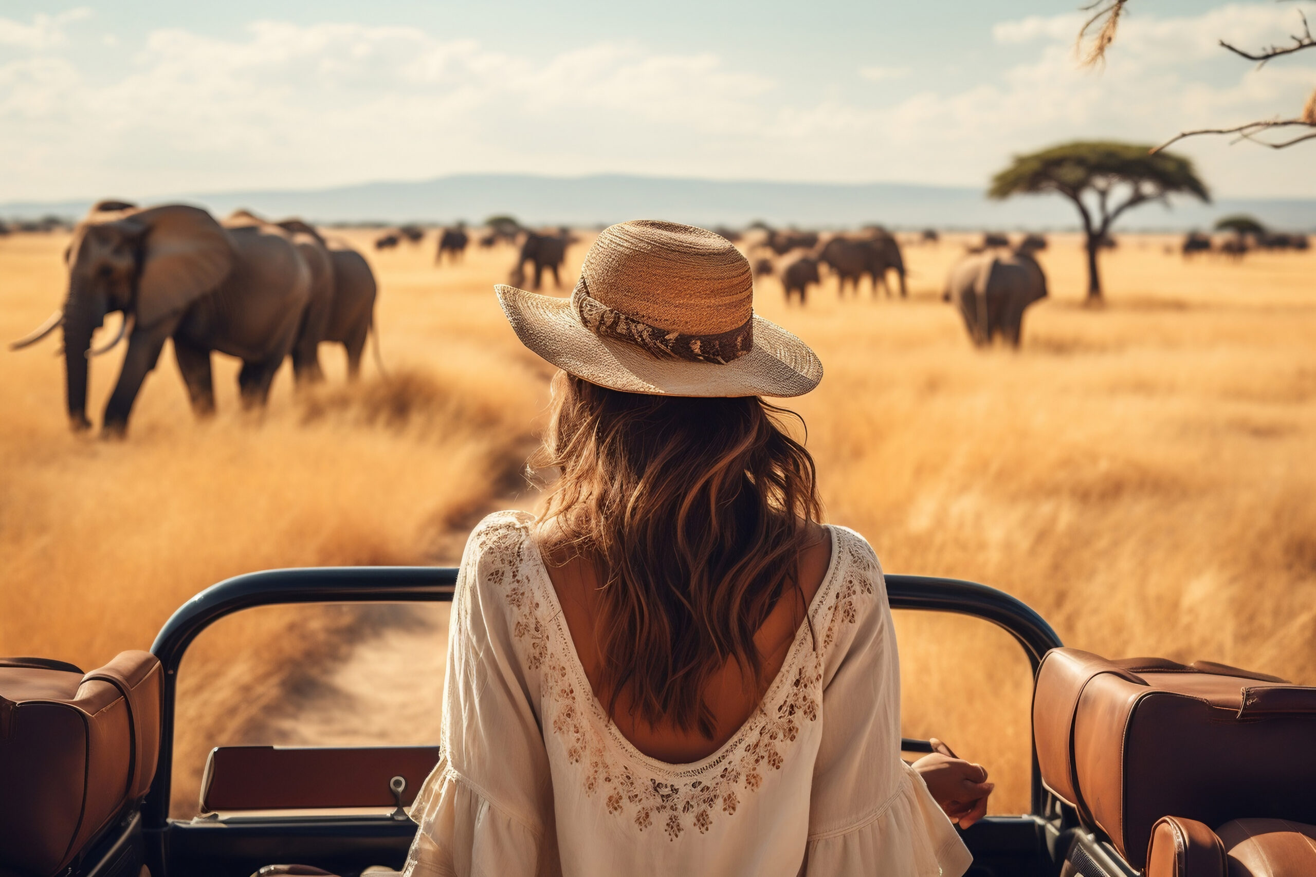 Kvinna på safari i Afrika, betraktar elefanter på savannen.