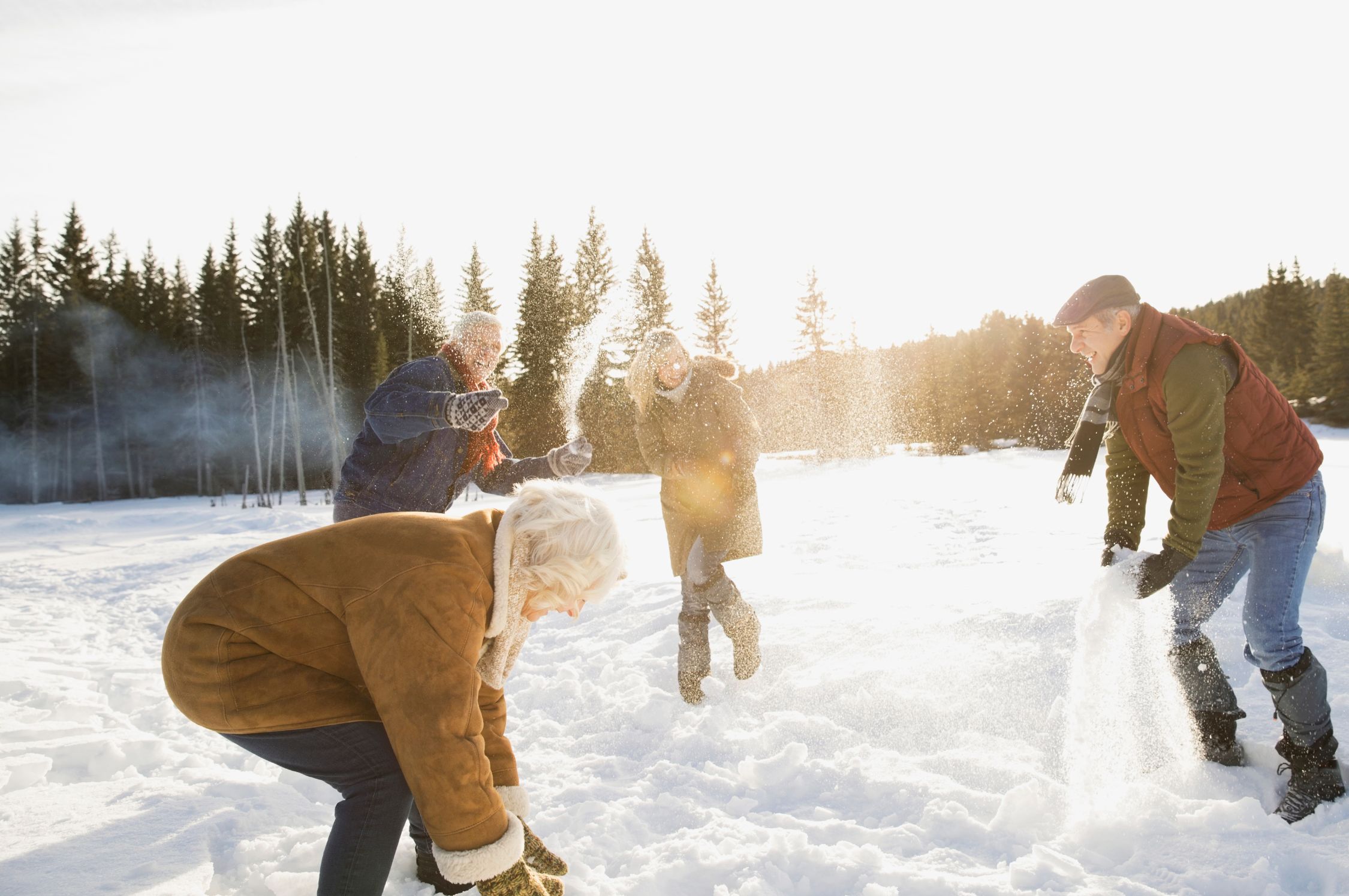 Äldre vuxna leker i snön under en solig vinterdag i skogen.