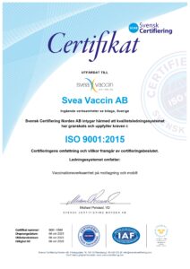 ISO 9001:2015-certifikat för Svea Vaccin AB:s kvalitetsledning.